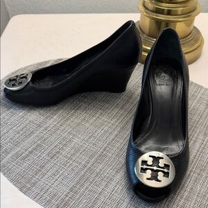 Tory Burch Black Wedges with Silver Logo